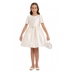 فستان جاكار بلون سكري  مع حزام وحقيبة  للبنات السن المحير 35385