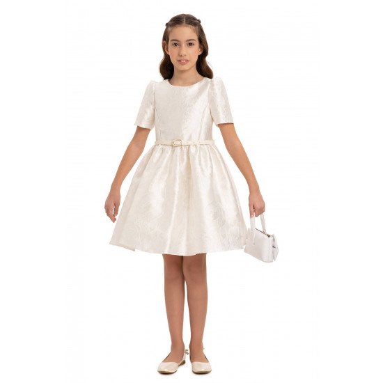 فستان جاكار بلون سكري  مع حزام وحقيبة  للبنات السن المحير 35385