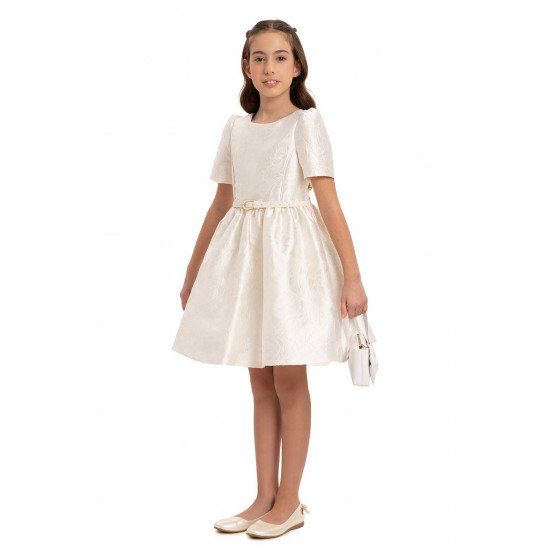 فستان جاكار بلون سكري  مع حزام وحقيبة  للبنات السن المحير 35385