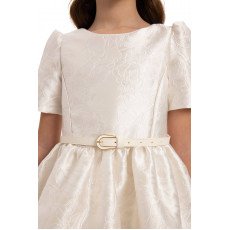 فستان جاكار بلون سكري  مع حزام وحقيبة  للبنات السن المحير 35385