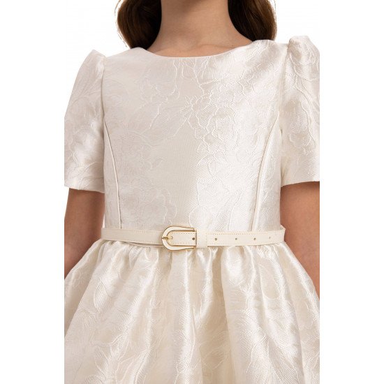 فستان جاكار بلون سكري  مع حزام وحقيبة  للبنات السن المحير 35385