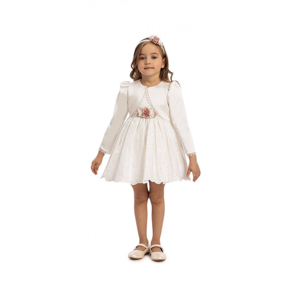  فستان أطفال بلون اوف وايت مع جاكيت قصير  وإكسسوار للشعر 35371