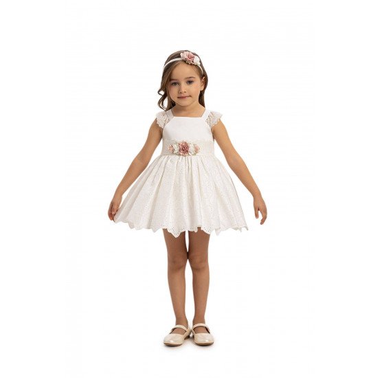  فستان أطفال بلون اوف وايت مع جاكيت قصير  وإكسسوار للشعر 35371