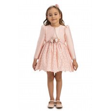  فستان أطفال بلون بودري مع جاكيت قصير  وإكسسوار للشعر 35371
