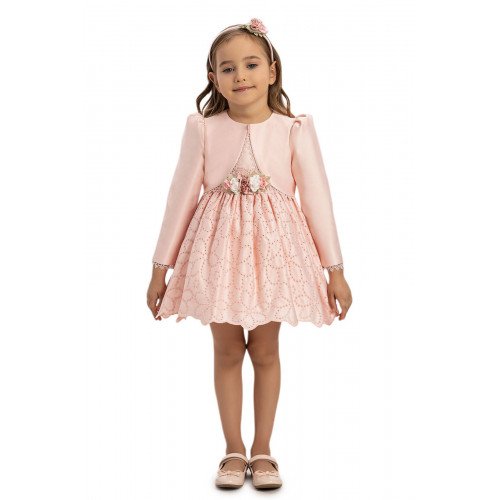  فستان أطفال بلون بودري مع جاكيت قصير  وإكسسوار للشعر 35371