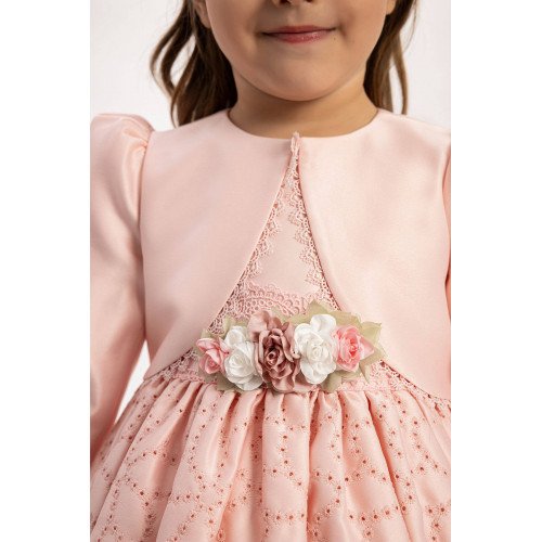  فستان أطفال بلون بودري مع جاكيت قصير  وإكسسوار للشعر 35371