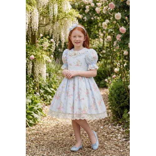 فستان أزرق بنقشة زهور تصميم كلاسيكي مع طوق للشعر 36374