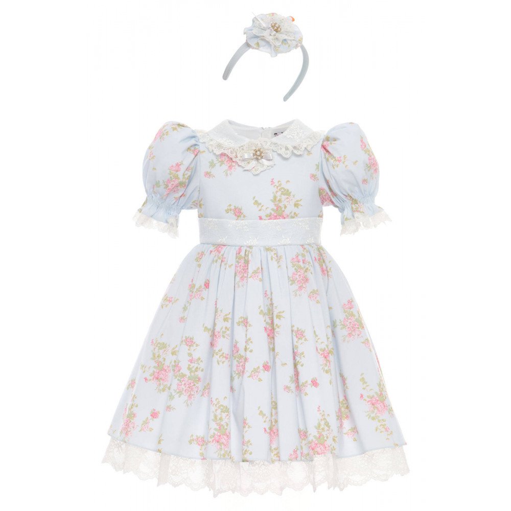 فستان أزرق بنقشة زهور تصميم كلاسيكي مع طوق للشعر 36374