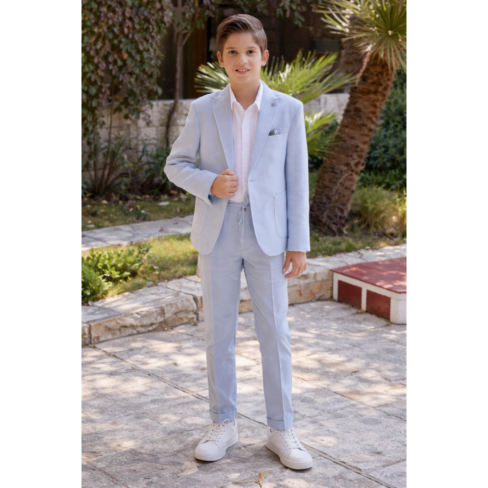  بدلة أولاد أنيقة باللون الأزرق السماوي – جاكيت وبنطال مع قميص أبيض 20207