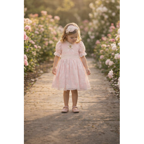 فستان دانتيل بيبي بينك بتصميم كلاسيكي للبنات الصغيرات مع ربطة رأس 36315
