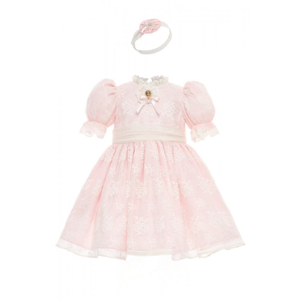 فستان دانتيل بيبي بينك بتصميم كلاسيكي للبنات الصغيرات مع ربطة رأس 36315