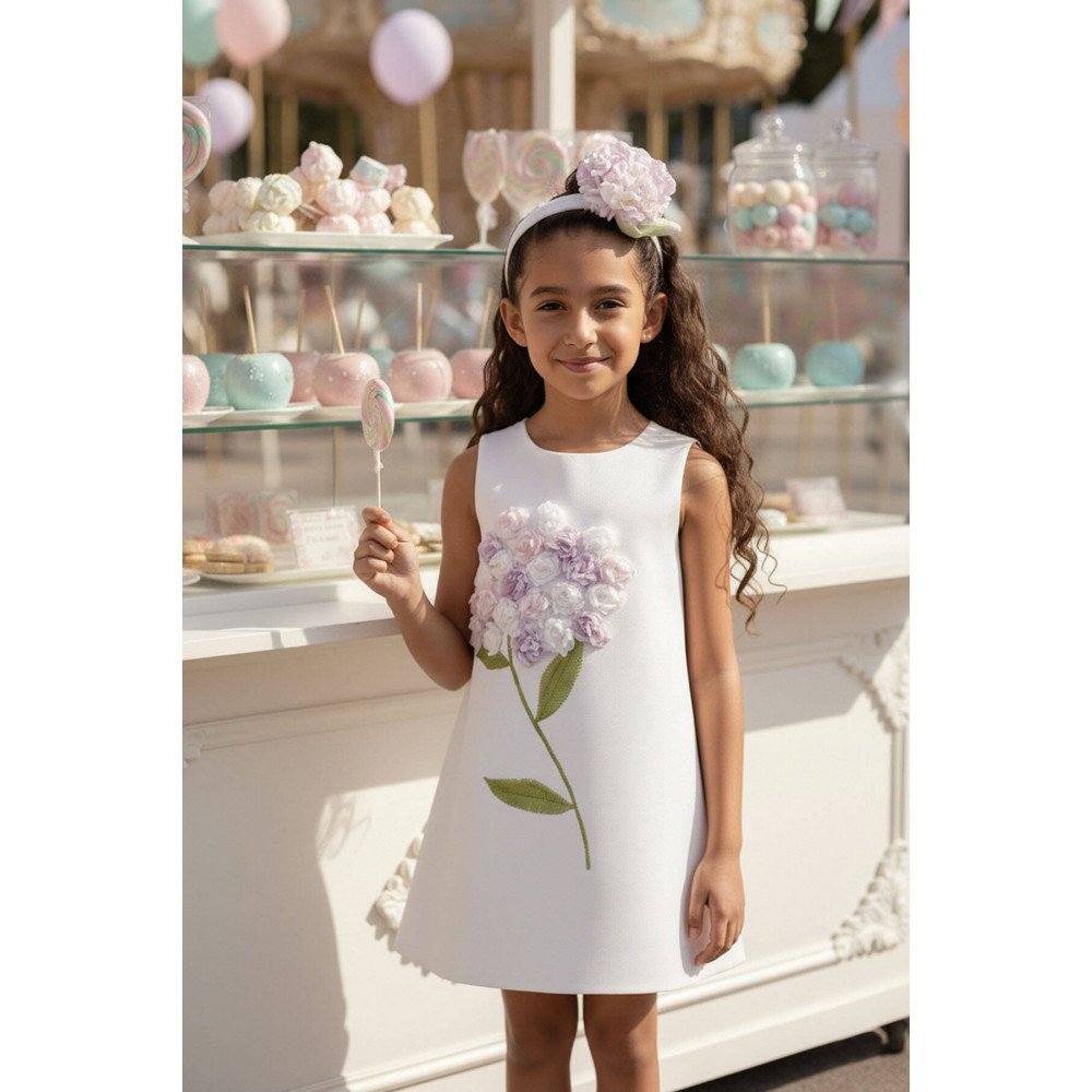 فستان بناتي - أبيض لؤلؤي - ناعم مزين بباقة زهور هيدرانجيا 3D مع اكسسوار شعر 36098