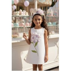 فستان بناتي - أبيض لؤلؤي - ناعم مزين بباقة زهور هيدرانجيا 3D مع اكسسوار شعر 36098