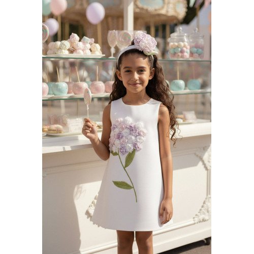 فستان بناتي - أبيض لؤلؤي - ناعم مزين بباقة زهور هيدرانجيا 3D مع اكسسوار شعر 36098