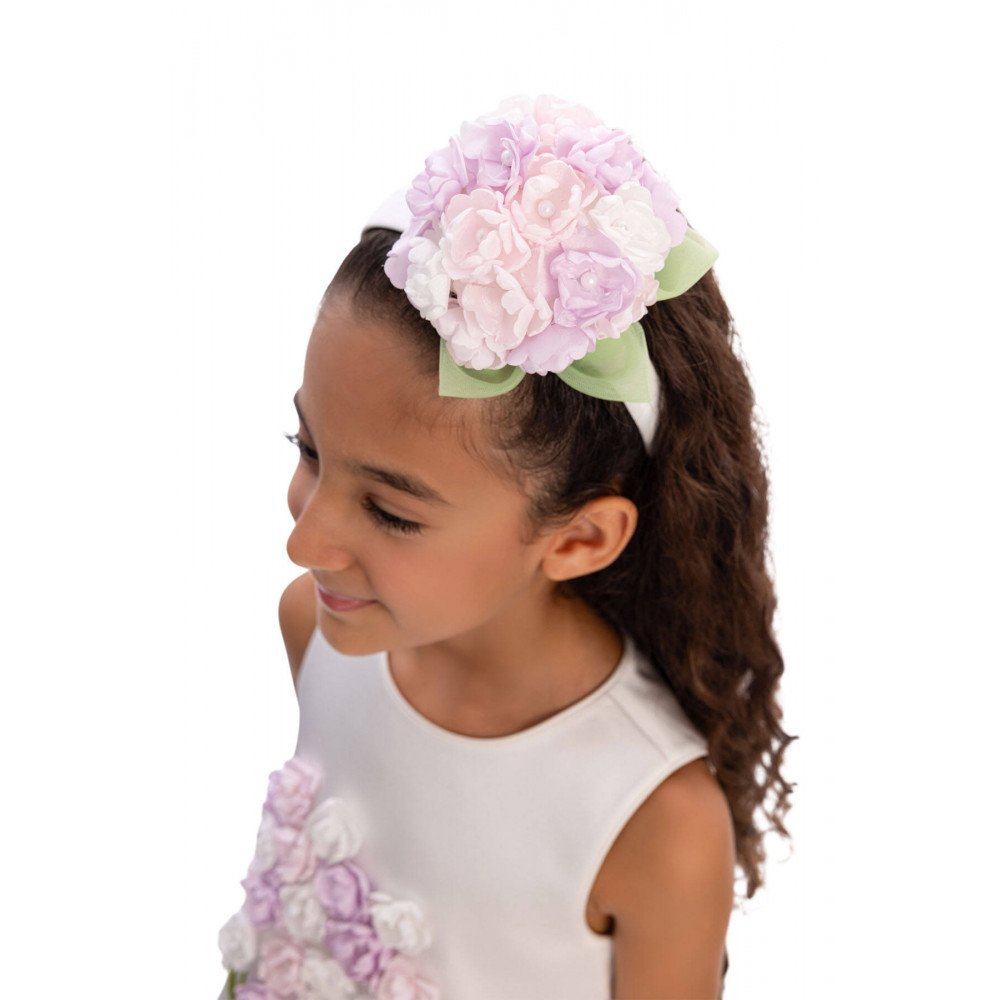 فستان بناتي - أبيض لؤلؤي - ناعم مزين بباقة زهور هيدرانجيا 3D مع اكسسوار شعر 36098