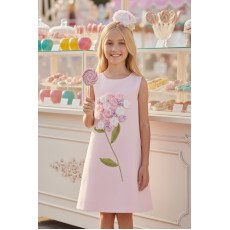 فستان بناتي - وردي باستيل - ناعم مزين بباقة زهور هيدرانجيا 3D مع اكسسوار شعر 36098