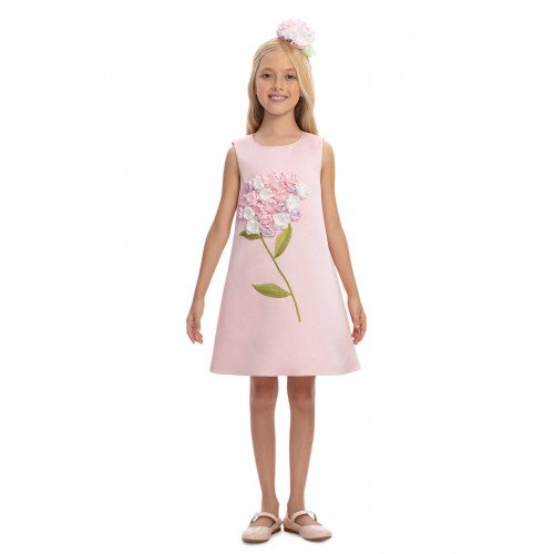 فستان بناتي - وردي باستيل - ناعم مزين بباقة زهور هيدرانجيا 3D مع اكسسوار شعر 36098