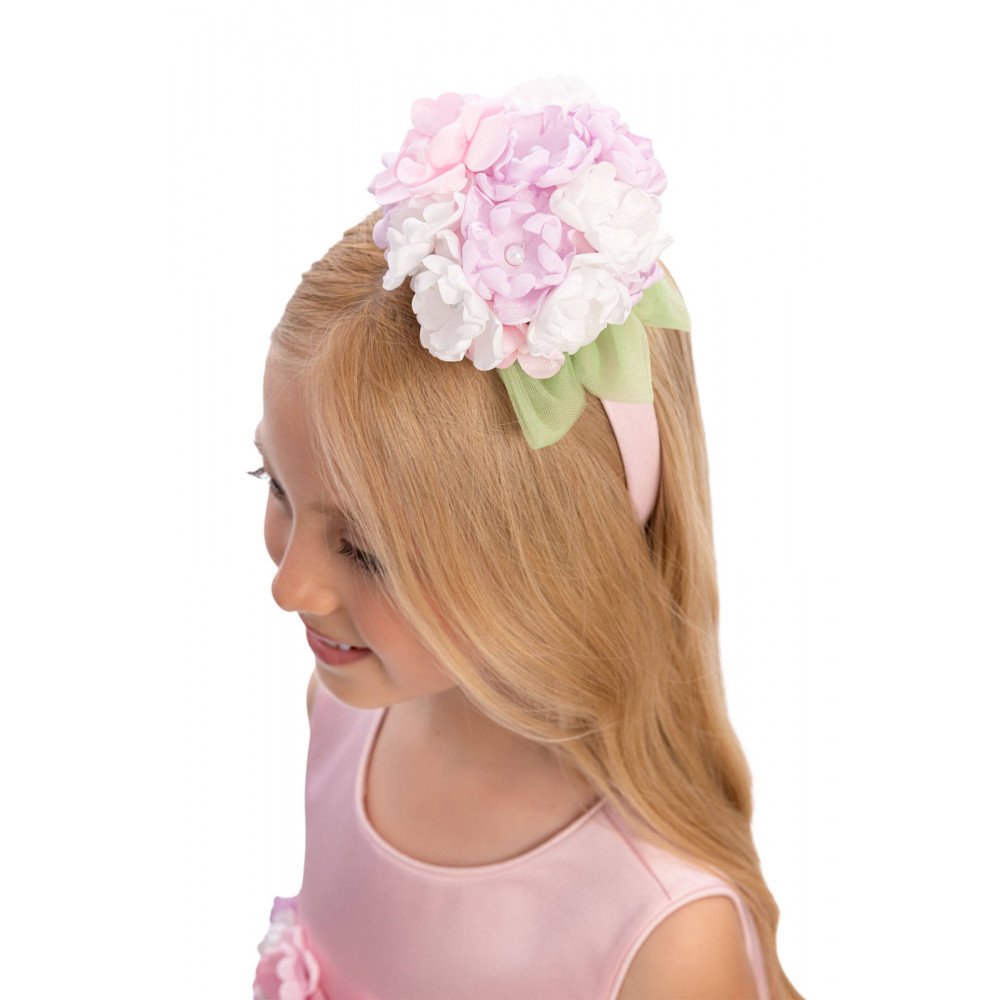 فستان بناتي - وردي باستيل - ناعم مزين بباقة زهور هيدرانجيا 3D مع اكسسوار شعر 36098