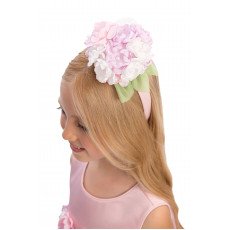 فستان بناتي - وردي باستيل - ناعم مزين بباقة زهور هيدرانجيا 3D مع اكسسوار شعر 36098