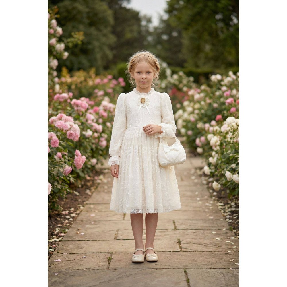 فستان دانتيل كلاسيكي للبنات - أبيض - مع حقيبة 36311