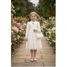فستان دانتيل كلاسيكي للبنات - أبيض - مع حقيبة 36311