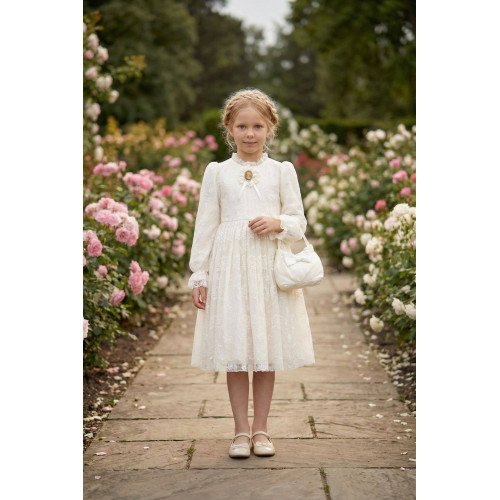 فستان دانتيل كلاسيكي للبنات - أبيض - مع حقيبة 36311