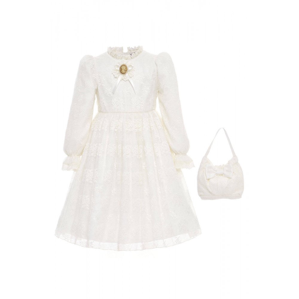فستان دانتيل كلاسيكي للبنات - أبيض - مع حقيبة 36311