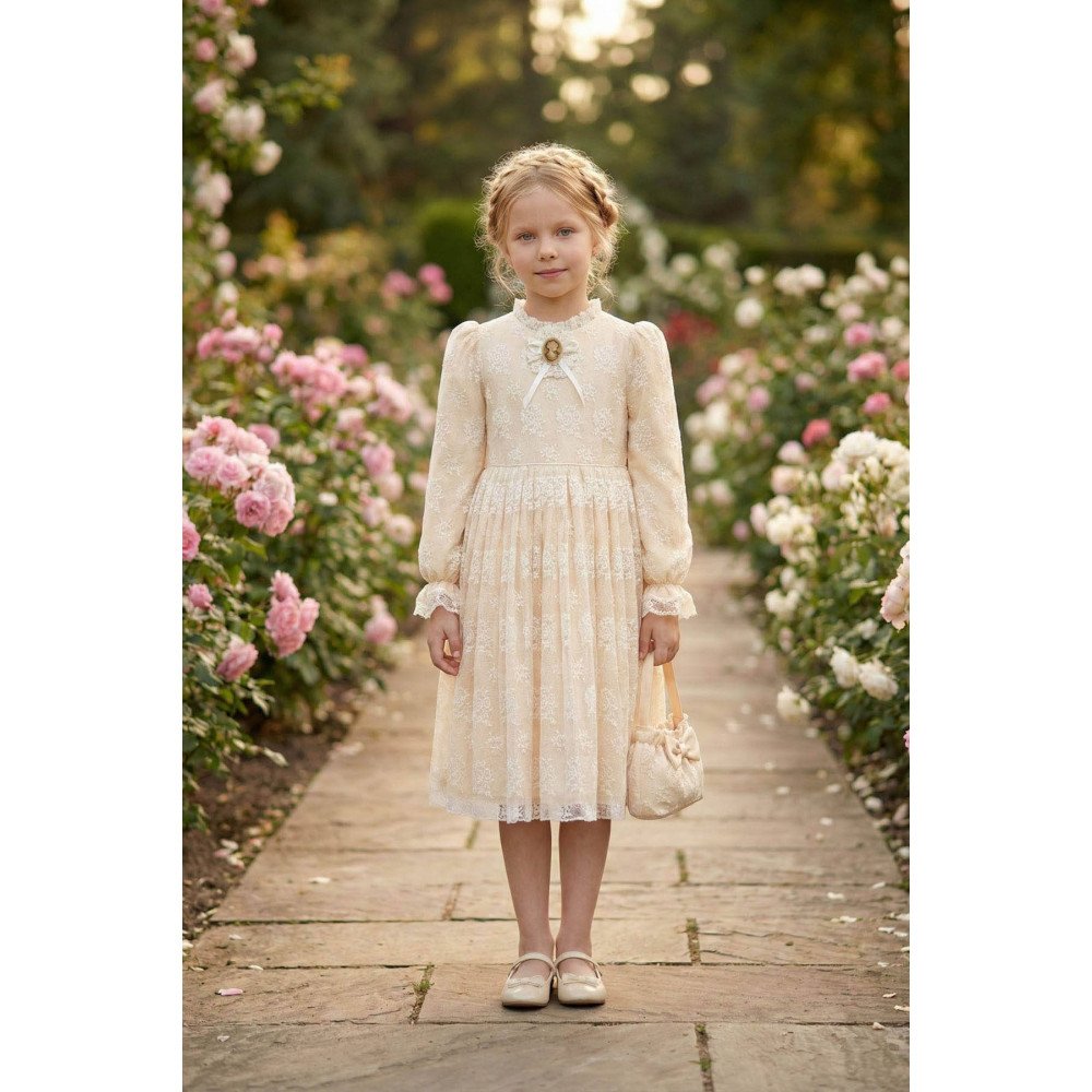 فستان دانتيل كلاسيكي للبنات - بيج - مع حقيبة 36311