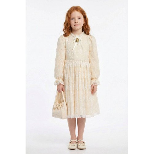 فستان دانتيل كلاسيكي للبنات - بيج - مع حقيبة 36311