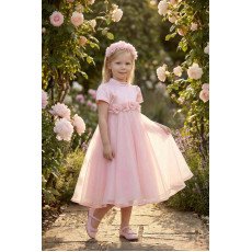فستان بناتي - وردي - من الاورغنزا مزين بالزهور مع اكسسوار شعر 36392