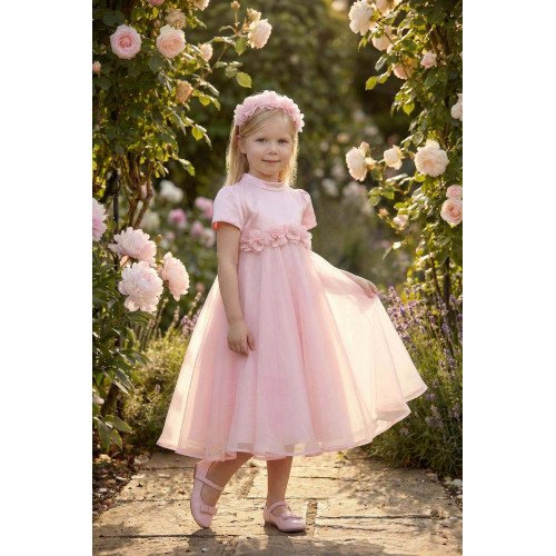 فستان بناتي - وردي - من الاورغنزا مزين بالزهور مع اكسسوار شعر 36392