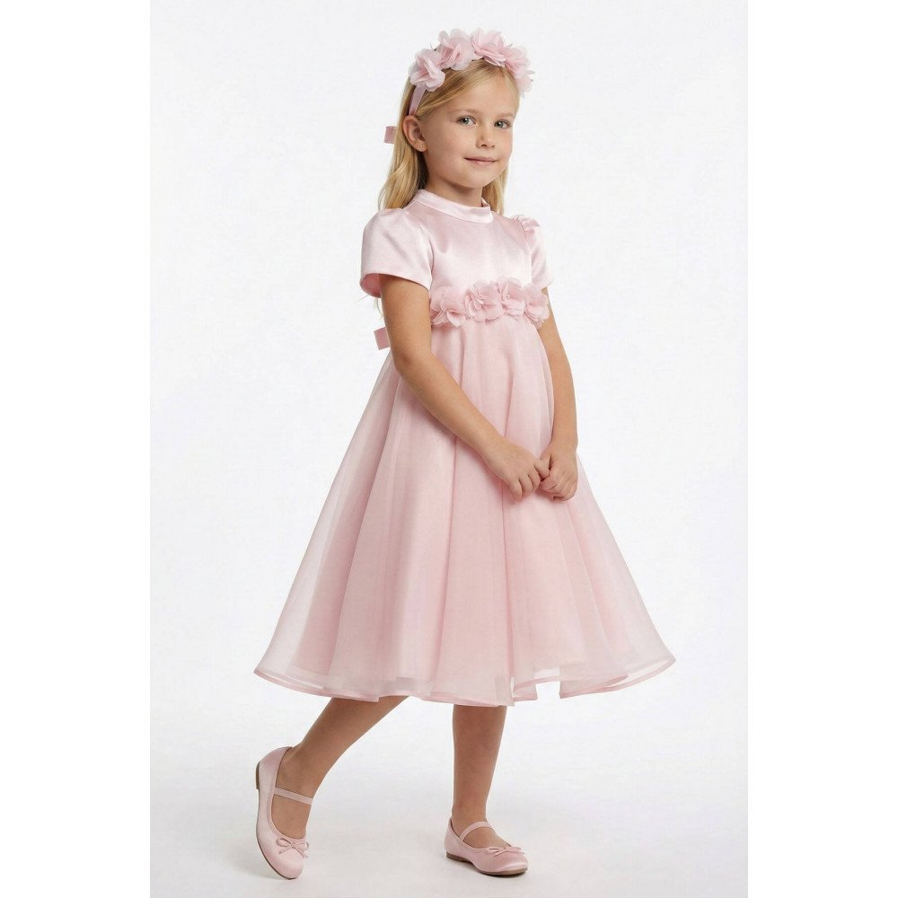 فستان بناتي - وردي - من الاورغنزا مزين بالزهور مع اكسسوار شعر 36392