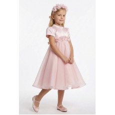 فستان بناتي - وردي - من الاورغنزا مزين بالزهور مع اكسسوار شعر 36392