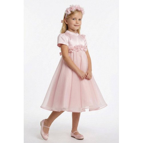 فستان بناتي - وردي - من الاورغنزا مزين بالزهور مع اكسسوار شعر 36392