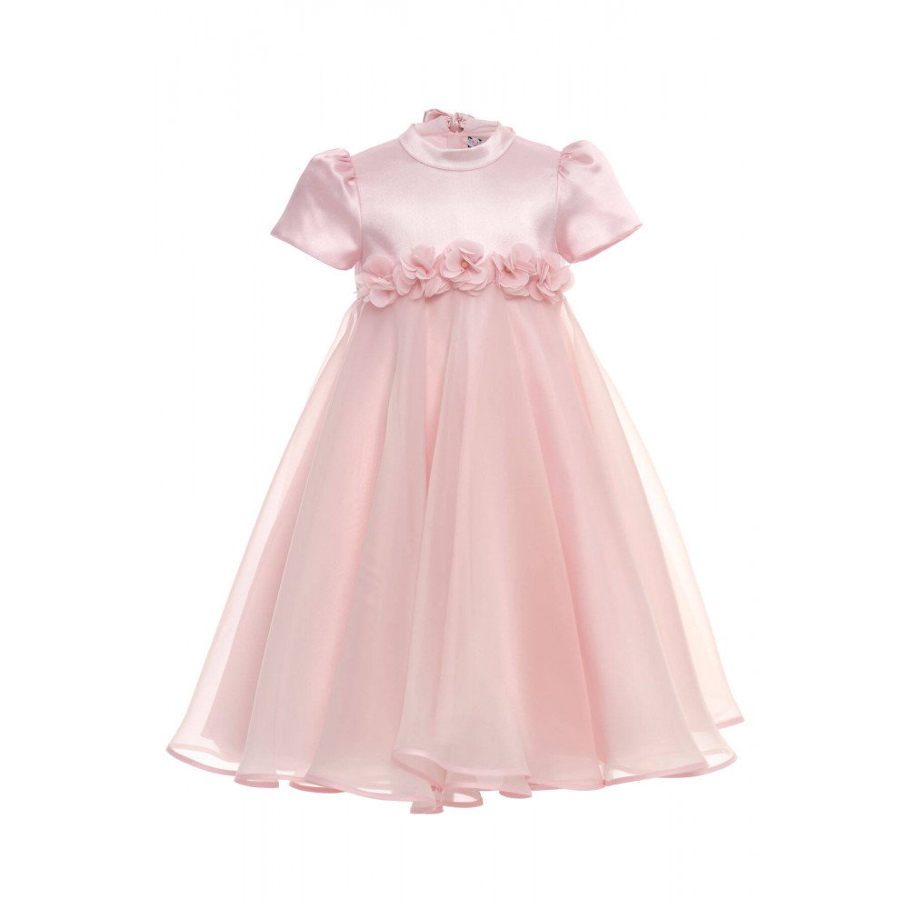 فستان بناتي - وردي - من الاورغنزا مزين بالزهور مع اكسسوار شعر 36392