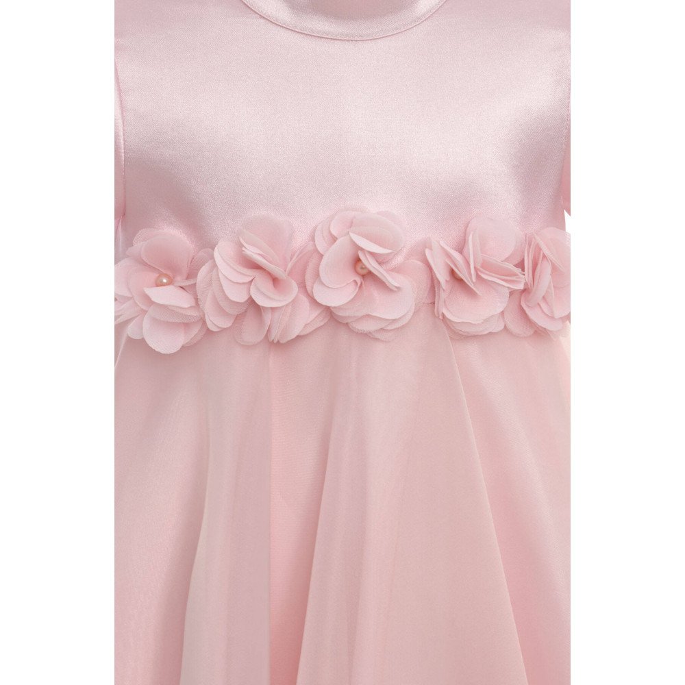 فستان بناتي - وردي - من الاورغنزا مزين بالزهور مع اكسسوار شعر 36392