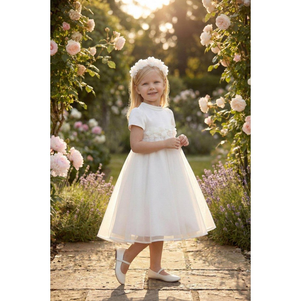 فستان بناتي - أبيض - من الاورغنزا مزين بالزهور مع اكسسوار شعر 36392