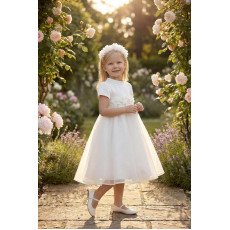 فستان بناتي - أبيض - من الاورغنزا مزين بالزهور مع اكسسوار شعر 36392