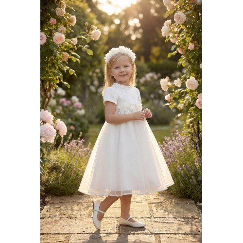 فستان بناتي - أبيض - من الاورغنزا مزين بالزهور مع اكسسوار شعر 36392