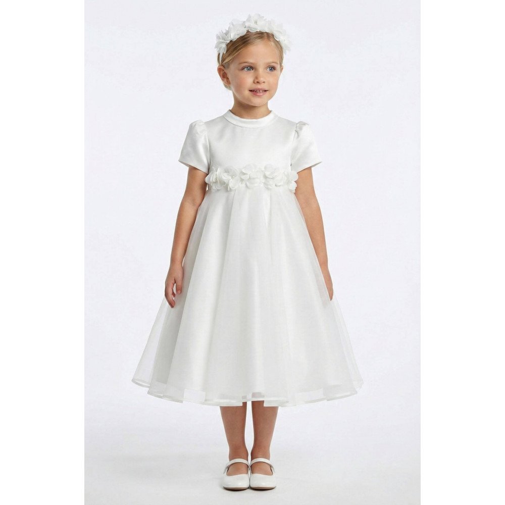فستان بناتي - أبيض - من الاورغنزا مزين بالزهور مع اكسسوار شعر 36392
