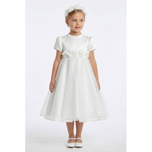 فستان بناتي - أبيض - من الاورغنزا مزين بالزهور مع اكسسوار شعر 36392