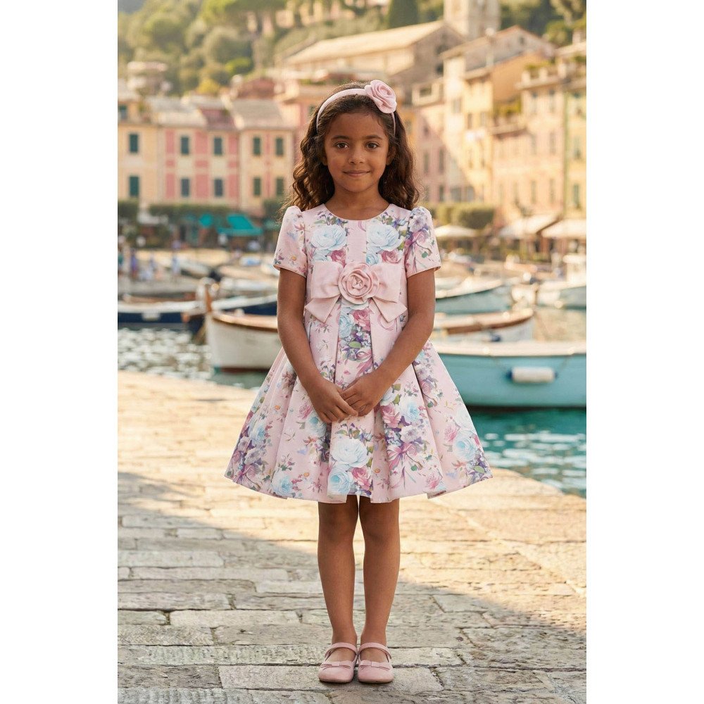 فستان بناتي - وردي - كلاسيكي بنقشة زهور ناعمة واكسسوار شعر 36195