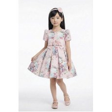 فستان بناتي - وردي - كلاسيكي بنقشة زهور ناعمة واكسسوار شعر 36195