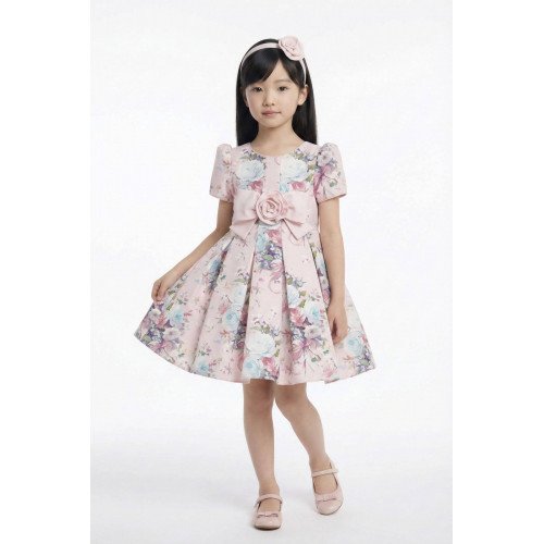 فستان بناتي - وردي - كلاسيكي بنقشة زهور ناعمة واكسسوار شعر 36195