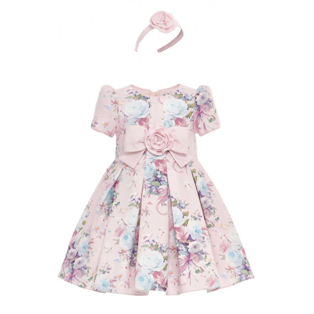 فستان بناتي - وردي - كلاسيكي بنقشة زهور ناعمة واكسسوار شعر 36195