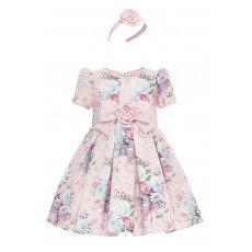 فستان بناتي - وردي - كلاسيكي بنقشة زهور ناعمة واكسسوار شعر 36195