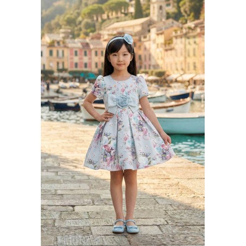 فستان بناتي - سماوي - كلاسيكي بنقشة زهور ناعمة واكسسوار شعر 36195