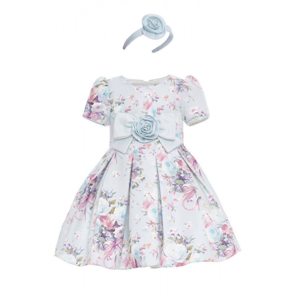 فستان بناتي - سماوي - كلاسيكي بنقشة زهور ناعمة واكسسوار شعر 36195