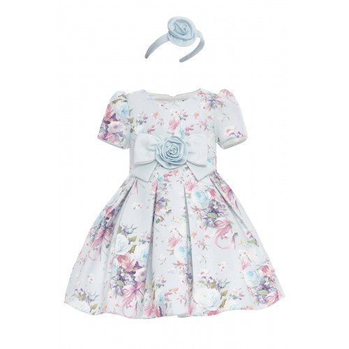 فستان بناتي - سماوي - كلاسيكي بنقشة زهور ناعمة واكسسوار شعر 36195