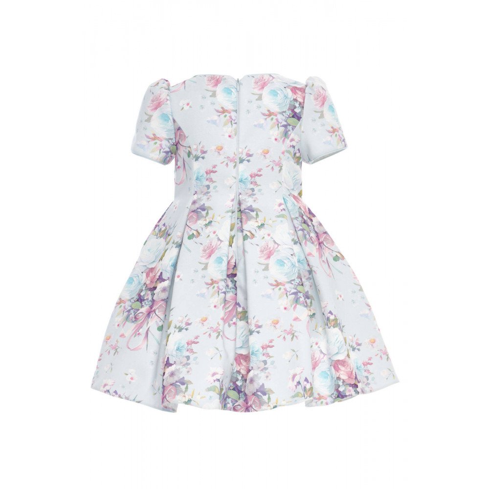 فستان بناتي - سماوي - كلاسيكي بنقشة زهور ناعمة واكسسوار شعر 36195